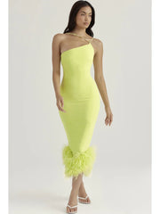 Robe midi dos nu à bretelles plumes