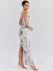 Robe maxi fleurie dos nu épaules dénudées