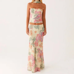 Ensemble deux pièces jupe moulante bustier à fleurs