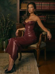Robe midi plissée sans bretelles en similicuir PU