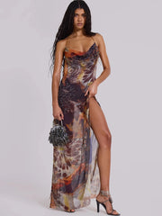 Robe longue fendue en maille imprimée esthétique