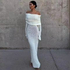 Robe midi à épaules dénudées en maille ajourée