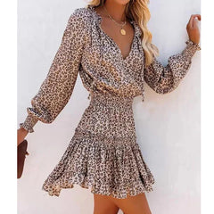Robe bohème d'automne en coton imprimé léopard à col en V