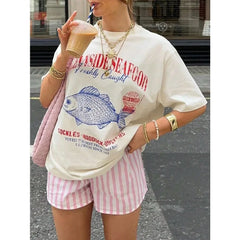 T-shirt oversize vintage en coton à motifs de fruits de mer