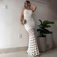 Robe longue bustier en maille ajourée