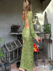 Robe longue dos nu à décolleté plongeant et fente en V ornée d'un ruban