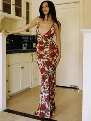 Robe de vacances imprimée dos nu à décolleté plongeant et lacets