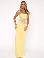 Robe longue bustier fendue en ruban et résille