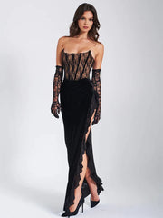 Robe moulante noire bustier en dentelle pour soirée
