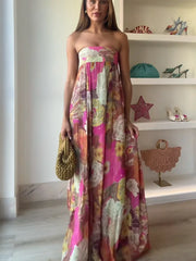 Robe bohème plissée imprimée sans bretelles à taille haute