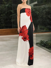 Robe de vacances bustier à imprimé floral et épaules dénudées, coupe trapèze
