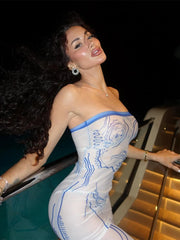 Robe de soirée moulante imprimée sans bretelles