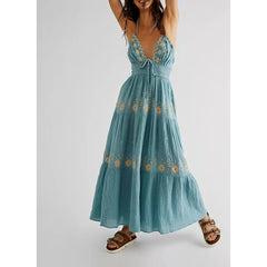 Robe de vacances brodée à dos nu et smocks