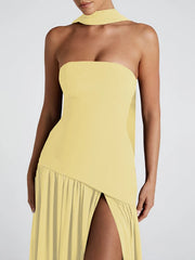 Robe longue bustier sans bretelles à fente dos nu et ruban