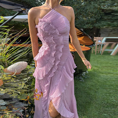 Robe plissée dos nu à motif lotus