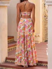 Robe longue à volants et col en V à fleurs