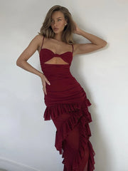 Robe de soirée sans manches à volants en résille et dos nu