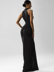 Robe de soirée moulante plissée dos nu fendue