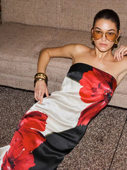 Robe de vacances bustier à imprimé floral et épaules dénudées, coupe trapèze