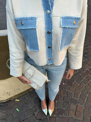 Manteau décontracté en denim patchwork à revers