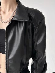 Manteau court rétro à revers en PU noir