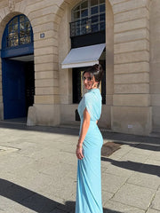 Robe longue plissée bleu châle en A