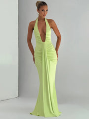 Robe longue moulante drapée à décolleté plongeant pour soirée en boîte de nuit