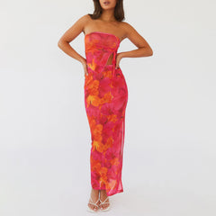 Ensemble deux pièces jupe bandeau moulante à fleurs