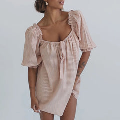 Robe de vacances à manches bouffantes, à carreaux et nœud