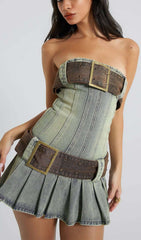Robe mini bustier bleue à boucle