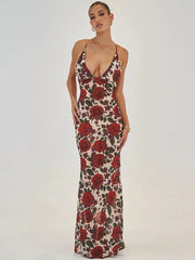 Robe de vacances imprimée dos nu à décolleté plongeant et lacets