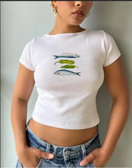T-shirt à col rond et imprimé fruits, coupe ajustée