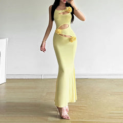 Robe midi jaune à découpes florales 3D