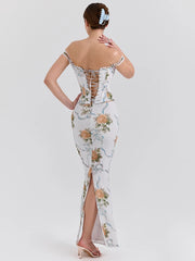 Robe maxi fleurie dos nu épaules dénudées