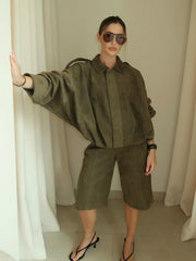 Manteau bomber en daim vert à fermeture éclair
