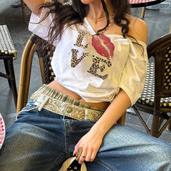 T-shirt ample à col en V Leopard Letter Street