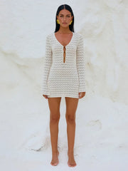 Robe de vacances sexy blanche en maille ajourée