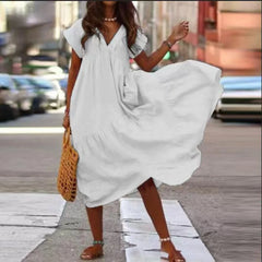 Robe bohème ample en coton et lin, col V, coupe oversize