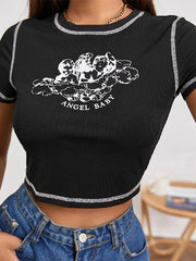 T-shirt à coutures contrastées avec lettre d'ange