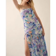 Robe de vacances bandeau fleurie fendue à volants
