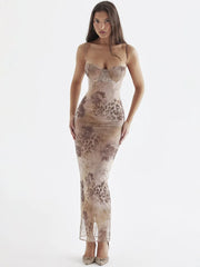 Robe moulante fendue à lacets en résille à fleurs