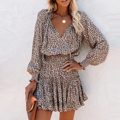 Robe bohème d'automne en coton imprimé léopard à col en V