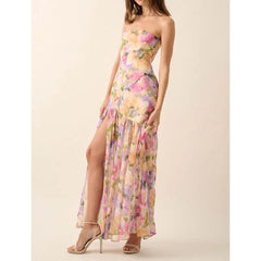 Robe de vacances bandeau fleurie fendue à volants