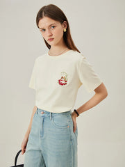 T-shirt ample beige brodé de chat