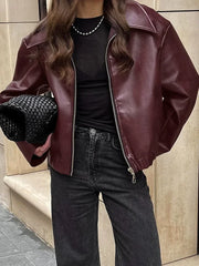 Manteau vintage en PU couleur vin avec poches
