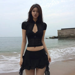 Ensemble deux pièces jupe mini asymétrique en dentelle résille