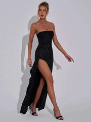 Robe midi fendue sans bretelles à paillettes
