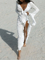 Robe longue en mousseline à volants et col en V
