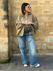 Manteau bomber plissé en satin à fermeture éclair