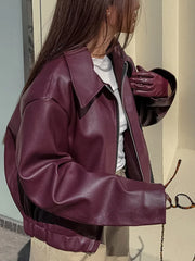 Manteau vintage en PU couleur vin avec poches